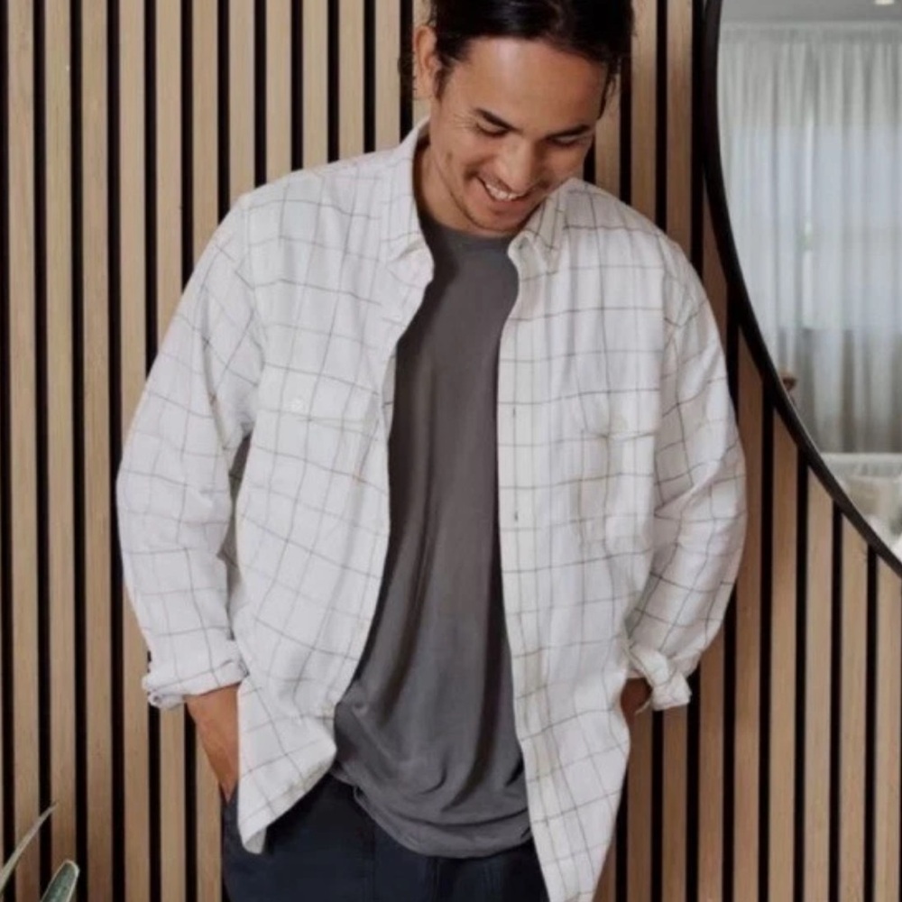 Everlane The Brushed Flannel Shirt Windowpane White Men’s Medium Button Down